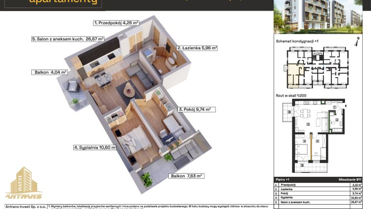 Rzut - Mieszkanie na sprzedaż 3 pokoje o powierzchni 58,5 m² - numer B11 w Osiedle Wełnowe Apartamenty
