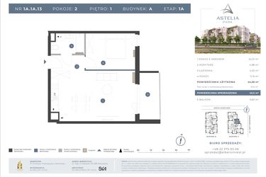 Rzut - Mieszkanie na sprzedaż 2 pokoje o powierzchni 44,56 m² - numer 1A.1A.13 w Astelia Park etap 1A i 3