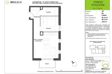 Rzut - Mieszkanie na sprzedaż 2 pokoje o powierzchni 45,14 m² - numer OP/A2/P1/08 w Osiedle Pogodne etap I