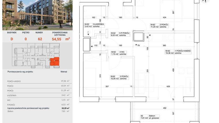 Rzut - Mieszkanie na sprzedaż 3 pokoje o powierzchni 54,55 m² - numer D.62 w Industria etap C i D