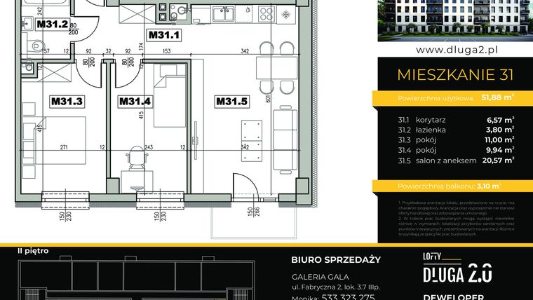 Rzut - Mieszkanie na sprzedaż 3 pokoje o powierzchni 51,88 m² - numer M31 w Lofty Długa 2.0