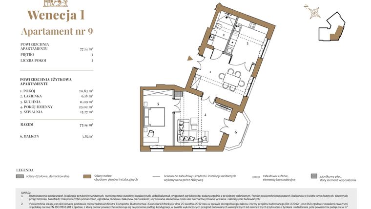 Rzut - Mieszkanie na sprzedaż 3 pokoje o powierzchni 76,97 m² - numer 9 w Wenecja 1