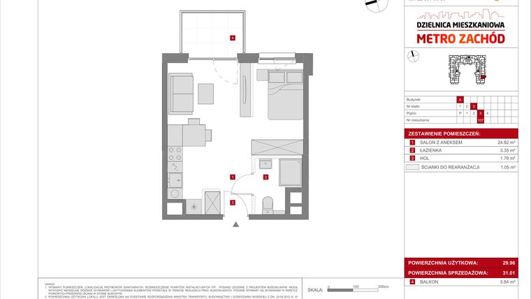 Rzut - Mieszkanie na sprzedaż 1 pokój o powierzchni 31,01 m² - numer A.107 w Dzielnica Mieszkaniowa Metro Zachód - etap 8.1