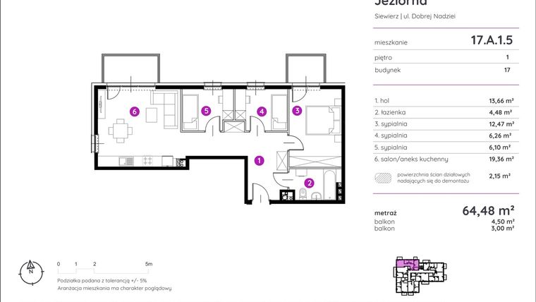 Rzut - Mieszkanie na sprzedaż 4 pokoje o powierzchni 64,54 m² - numer 17.A.1.5 w Murapol Siewierz Jeziorna