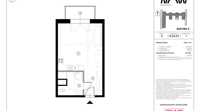 Rzut - Mieszkanie na sprzedaż 1 pokój o powierzchni 34,78 m² - numer E.04.07 w NOW