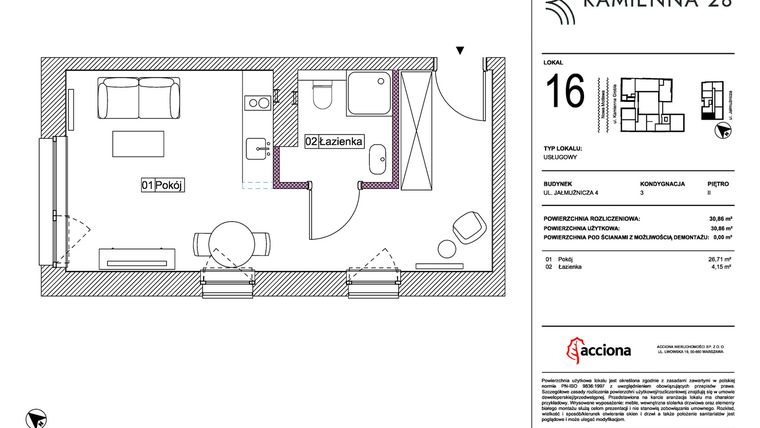 Rzut - Mieszkanie na sprzedaż 1 pokój o powierzchni 30,86 m² - numer 4.16 w Kamienna 28 - apartamenty inwestycyjne