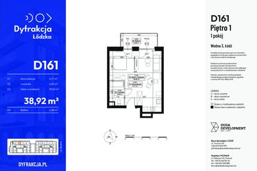 Rzut - Mieszkanie na sprzedaż 1 pokój o powierzchni 38,92 m² - numer D161 w Dyfrakcja Łódzka - bud. CD