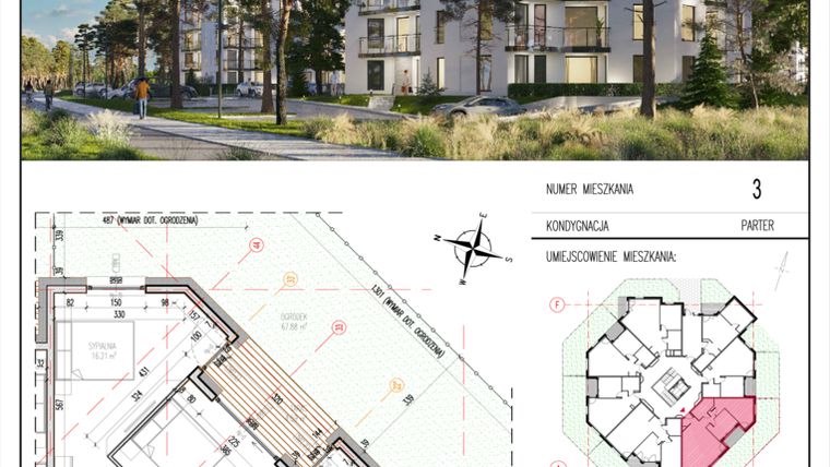 Rzut - Mieszkanie na sprzedaż 3 pokoje o powierzchni 68,09 m² - numer 3 w Grasera 12