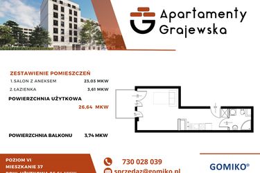 Rzut - Mieszkanie na sprzedaż 1 pokój o powierzchni 26,64 m² - numer M-37 w Apartamenty Grajewska