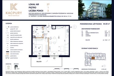 Rzut - Mieszkanie na sprzedaż 2 pokoje o powierzchni 44,53 m² - numer M27 w Kacpury Residence