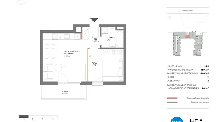 Rzut - Mieszkanie na sprzedaż 2 pokoje o powierzchni 42,97 m² - numer I.1.2 w Łopuszańska 47 - etap 3