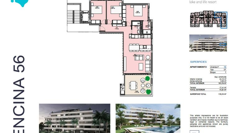 Rzut - Mieszkanie na sprzedaż 3 pokoje o powierzchni 93 m² - numer 18 w Santa Rosalía - Murcia