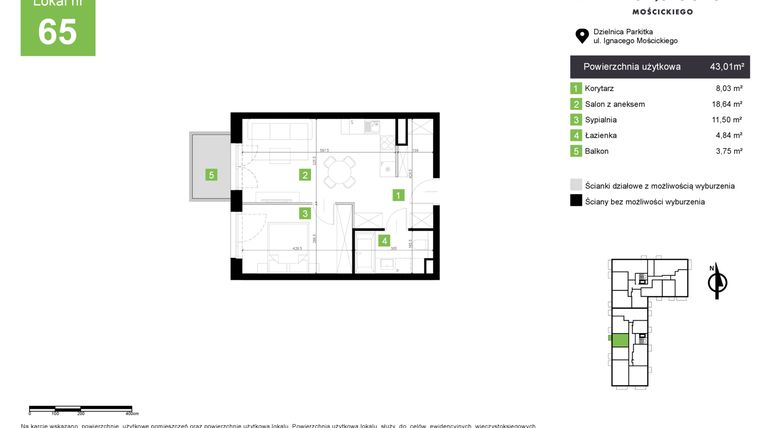 Rzut - Mieszkanie na sprzedaż 2 pokoje o powierzchni 43,01 m² - numer M65 w Nowa Częstochowa Mościckiego