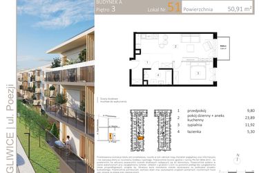 Rzut - Mieszkanie na sprzedaż 2 pokoje o powierzchni 50,84 m² - numer A.51 w Poezji