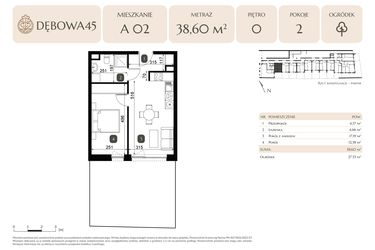 Rzut - Mieszkanie na sprzedaż 2 pokoje o powierzchni 38,6 m² - numer A.02 w Dębowa 45