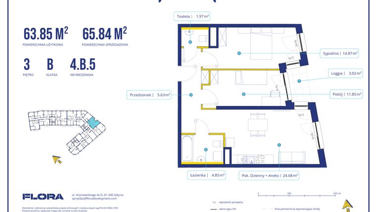 Rzut - Mieszkanie na sprzedaż 3 pokoje o powierzchni 63,85 m² - numer 4B5 w Piotra 4