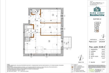 Rzut - Mieszkanie na sprzedaż 3 pokoje o powierzchni 53,86 m² - numer J2-34 w Park Leśny Rembertów etap VIII