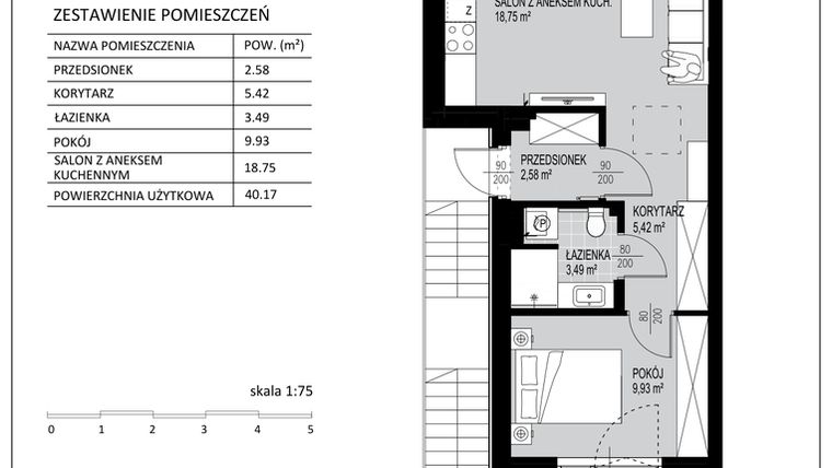 Rzut - Mieszkanie na sprzedaż 2 pokoje o powierzchni 40,17 m² - numer C2 w Kowalove etap 2