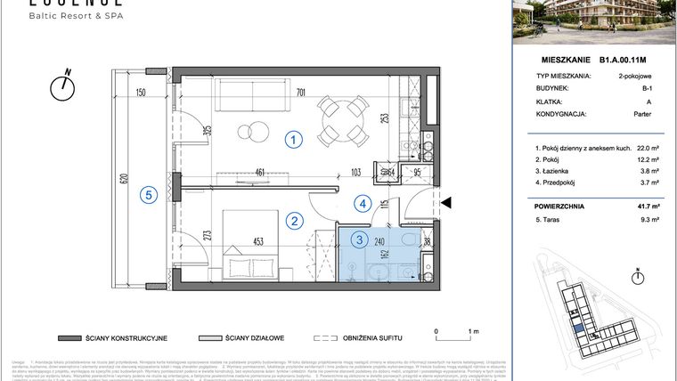 Rzut - Mieszkanie na sprzedaż 2 pokoje o powierzchni 41,7 m² - numer B1.A.00.11M w ESSENSE Baltic Resort&SPA 2