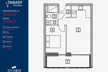 Rzut - Mieszkanie na sprzedaż 2 pokoje o powierzchni 33,33 m² - numer B2.M.3.5 w Tarasy Sobieskiego