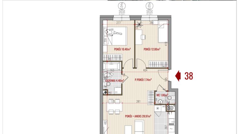 Rzut - Mieszkanie na sprzedaż 3 pokoje o powierzchni 65,37 m² - numer 38 w HUZAR B3