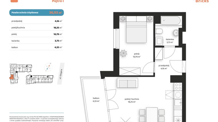 Rzut - Mieszkanie na sprzedaż 2 pokoje o powierzchni 36,93 m² - numer M IV.1.4 w Glogera Bricks