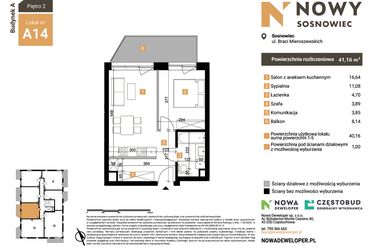 Rzut - Mieszkanie na sprzedaż 2 pokoje o powierzchni 41,16 m² - numer A14 w Nowy Sosnowiec