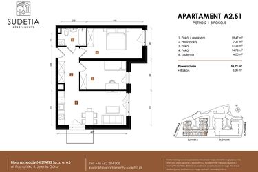 Rzut - Mieszkanie na sprzedaż 3 pokoje o powierzchni 56,79 m² - numer A 2.51 w Apartamenty Sudetia