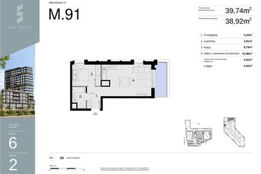 Rzut - Mieszkanie na sprzedaż 2 pokoje o powierzchni 39,74 m² - numer M91 w Sky Trust etap II