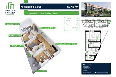Rzut - Mieszkanie na sprzedaż 3 pokoje o powierzchni 50,48 m² - numer B2.08 w Zielone Tarasy