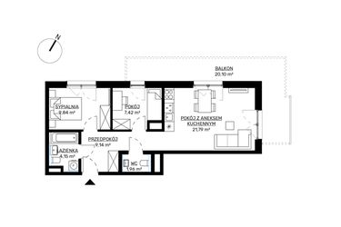 Rzut - Mieszkanie na sprzedaż 3 pokoje o powierzchni 54,3 m² - numer M80 w KWADRAT etap 2