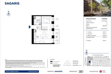 Rzut - Mieszkanie na sprzedaż 1 pokój o powierzchni 33,58 m² - numer AA0206 w Niedziałkowskiego Park
