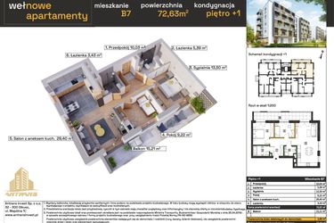 Rzut - Mieszkanie na sprzedaż 3 pokoje o powierzchni 72,63 m² - numer B7 w Osiedle Wełnowe Apartamenty