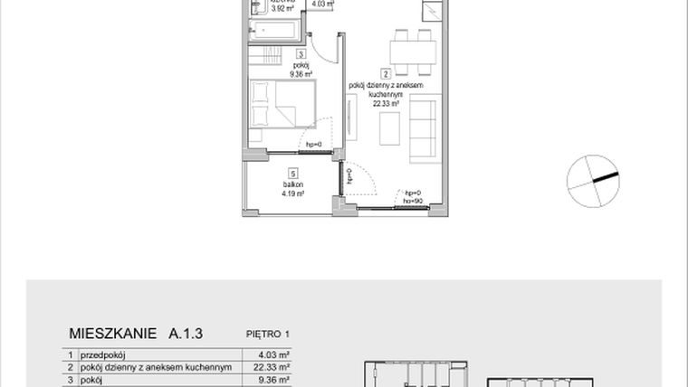 Rzut - Mieszkanie na sprzedaż 2 pokoje o powierzchni 39,64 m² - numer A.1.3 w ATAL Symbioza IA