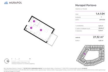 Rzut - Mieszkanie na sprzedaż 1 pokój o powierzchni 27,32 m² - numer 1.A.1.04 w Murapol Portovo etap II