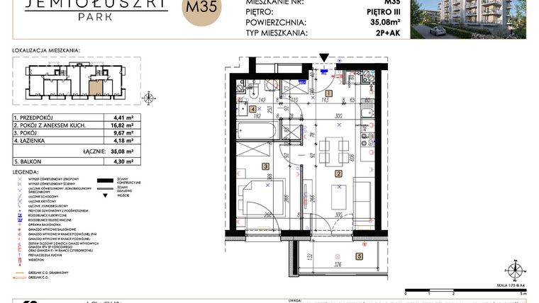 Rzut - Mieszkanie na sprzedaż 2 pokoje o powierzchni 35,08 m² - numer A2_M35 w Jemiołuszki Park etap 2