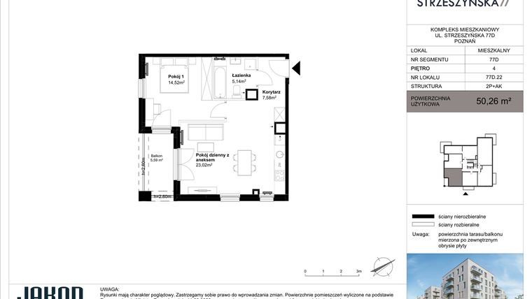 Rzut - Mieszkanie na sprzedaż 2 pokoje o powierzchni 50,26 m² - numer 77D.22 w Strzeszyńska 77