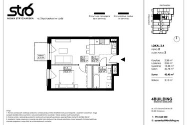 Rzut - Mieszkanie na sprzedaż 2 pokoje o powierzchni 42,4 m² - numer 2.4 w Nowa Strycharska | STR 6