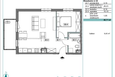 Rzut - Mieszkanie na sprzedaż 2 pokoje o powierzchni 46,74 m² - numer F.22 w Osiedle Kościuszki