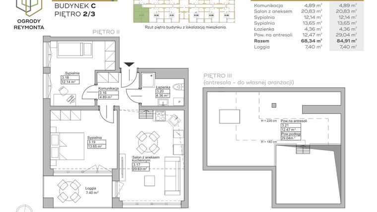 Rzut - Mieszkanie na sprzedaż 2 pokoje o powierzchni 68,34 m² - numer M33 w Ogrody Reymonta