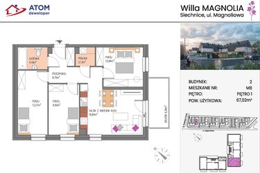 Rzut - Mieszkanie na sprzedaż 4 pokoje o powierzchni 67,02 m² - numer Bud.2-8 w Willa Magnolia