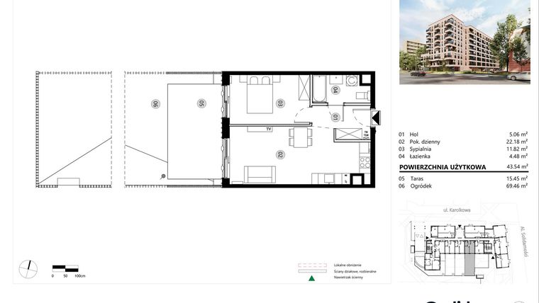 Rzut - Mieszkanie na sprzedaż 2 pokoje o powierzchni 43,54 m² - numer A.00.L.01 w ReVola