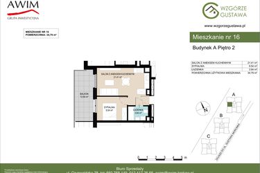 Rzut - Mieszkanie na sprzedaż 2 pokoje o powierzchni 34,79 m² - numer A16 w Wzgórze Gustawa