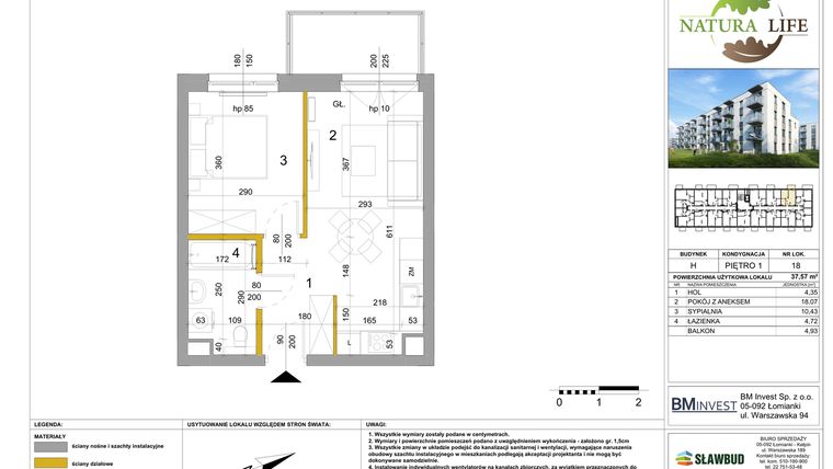 Rzut - Mieszkanie na sprzedaż 2 pokoje o powierzchni 37,48 m² - numer H.18 w Osiedle Natura Life budynki GHI