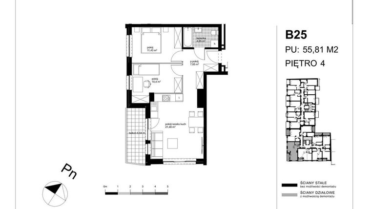 Rzut - Mieszkanie na sprzedaż 3 pokoje o powierzchni 55,45 m² - numer B25 w Apartamenty Kopernika - etap II