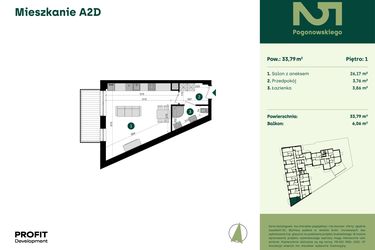 Rzut - Mieszkanie na sprzedaż 1 pokój o powierzchni 33,79 m² - numer POGO2/A/2D w Pogonowskiego 52