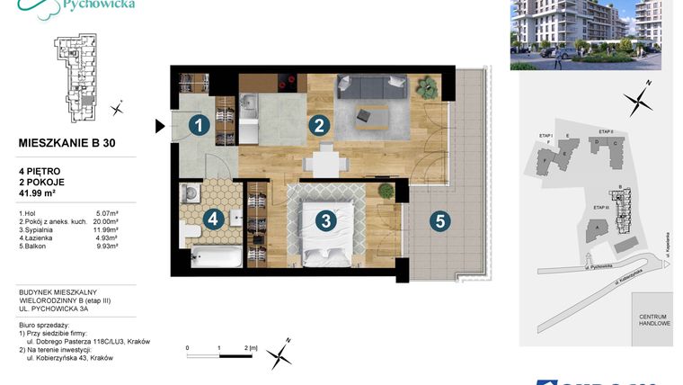 Rzut - Mieszkanie na sprzedaż 2 pokoje o powierzchni 41,99 m² - numer B30 w Kapelanka-Pychowicka Etap III