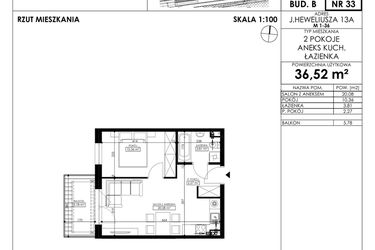 Rzut - Mieszkanie na sprzedaż 2 pokoje o powierzchni 36,52 m² - numer JAR-II-B-LM-M33 w Osiedle JAR Heweliusza etap II