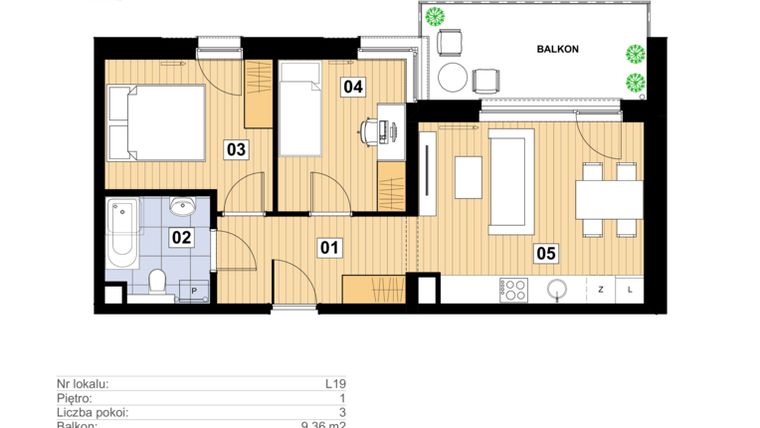 Rzut - Mieszkanie na sprzedaż 3 pokoje o powierzchni 47,36 m² - numer L-19 w Mickiewicza 21 Residence