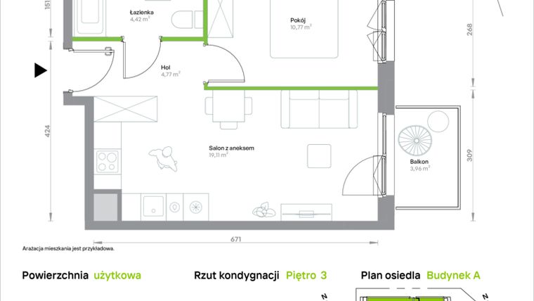 Rzut - Mieszkanie na sprzedaż 2 pokoje o powierzchni 39,07 m² - numer A/3/50 w Krakowska Vita